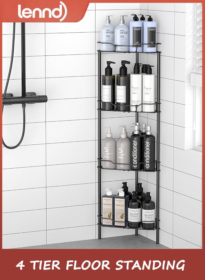 LENND 4 Tier Floor Standing Corner Shower Caddy Organizer Shelf with Hooks, Bathroom Shelves Stand Rack, Black - Image 4